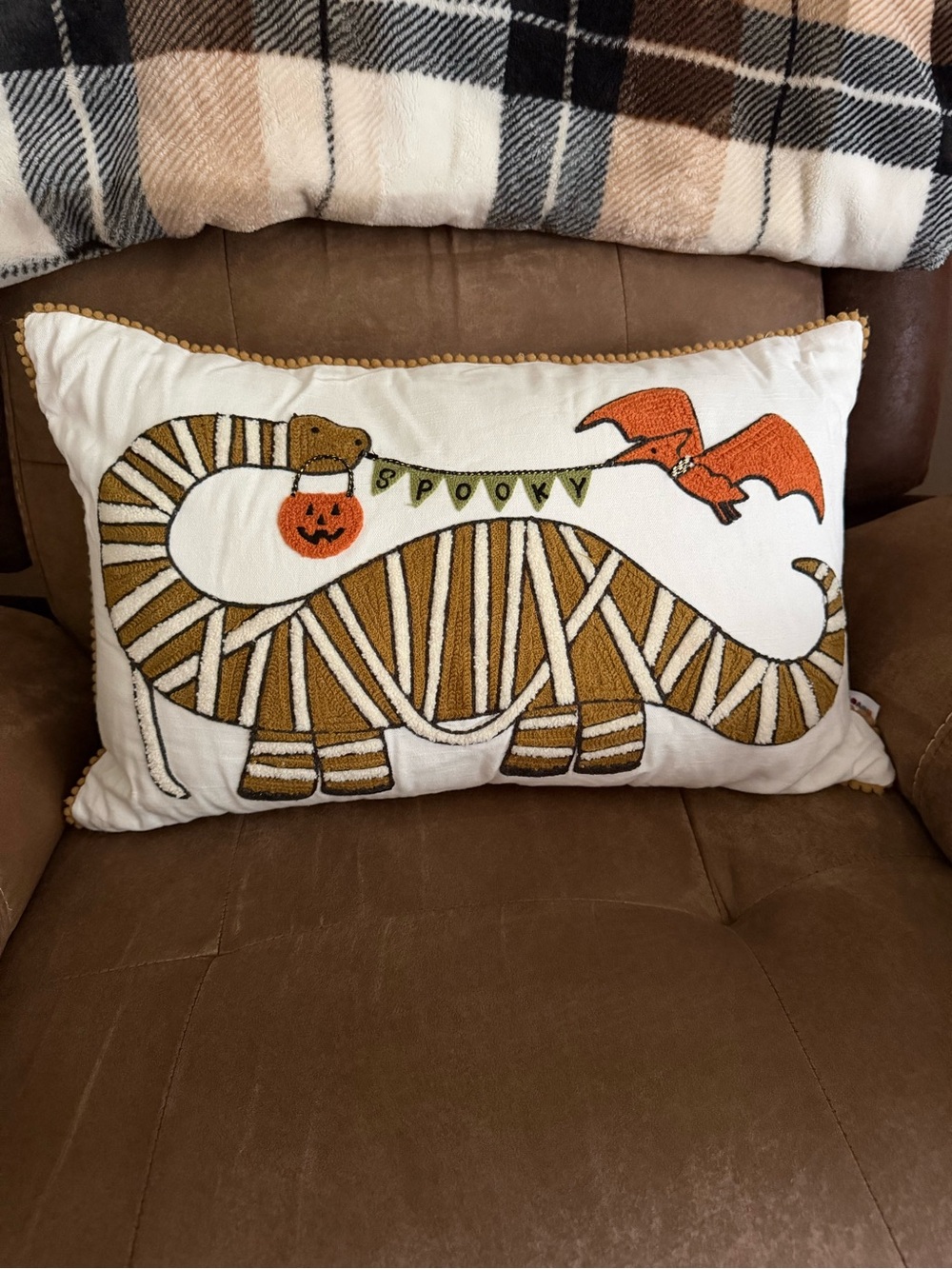 Mummy Dinosaur Halloween Throw Pillow - White & Brown-Fall Decor-Halloween